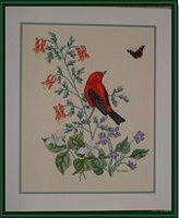 Picture of Scarlet Tanager Counted Cross Stitch.