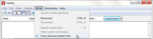 FileZilla force show hidden files.