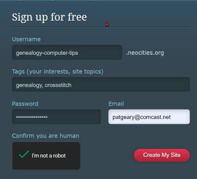 Screenshot of Neocities SignUp Form.
