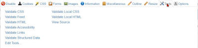 Screenshot Web Developer Toolbar Tools Tab.